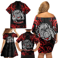 Personalised Aotearoa Bulldog Family Matching Off Shoulder Short Dress and Hawaiian Shirt NZ Maori Tattoo LT14 - Polynesian Pride