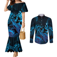 Blue Aloha Hawaii Couples Matching Mermaid Dress and Long Sleeve Button Shirt Snorkeling With Sea Turtle Polynesian Pattern LT14 Blue - Polynesian Pride