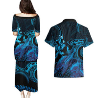 Blue Aloha Hawaii Couples Matching Puletasi and Hawaiian Shirt Snorkeling With Sea Turtle Polynesian Pattern LT14 - Polynesian Pride