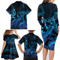 Blue Aloha Hawaii Family Matching Long Sleeve Bodycon Dress and Hawaiian Shirt Snorkeling With Sea Turtle Polynesian Pattern LT14 - Polynesian Pride