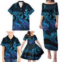 Blue Aloha Hawaii Family Matching Puletasi and Hawaiian Shirt Snorkeling With Sea Turtle Polynesian Pattern