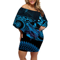 Blue Aloha Hawaii Off Shoulder Short Dress Snorkeling With Sea Turtle Polynesian Pattern