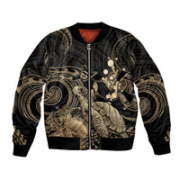 Gold Aloha Hawaii Bomber Jacket Snorkeling With Sea Turtle Polynesian Pattern