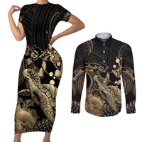 Gold Aloha Hawaii Couples Matching Short Sleeve Bodycon Dress and Long Sleeve Button Shirt Snorkeling With Sea Turtle Polynesian Pattern
