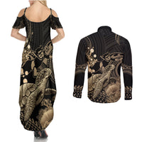 Gold Aloha Hawaii Couples Matching Summer Maxi Dress and Long Sleeve Button Shirt Snorkeling With Sea Turtle Polynesian Pattern LT14 - Polynesian Pride