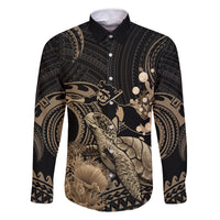 Gold Aloha Hawaii Family Matching Mermaid Dress and Hawaiian Shirt Snorkeling With Sea Turtle Polynesian Pattern LT14 Dad's Shirt - Long Sleeve Gold - Polynesian Pride