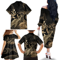 Gold Aloha Hawaii Family Matching Off The Shoulder Long Sleeve Dress and Hawaiian Shirt Snorkeling With Sea Turtle Polynesian Pattern LT14 - Polynesian Pride