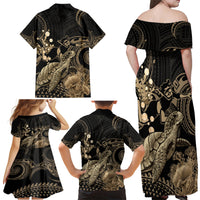Gold Aloha Hawaii Family Matching Off Shoulder Maxi Dress and Hawaiian Shirt Snorkeling With Sea Turtle Polynesian Pattern