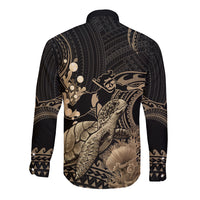 Gold Aloha Hawaii Long Sleeve Button Shirt Snorkeling With Sea Turtle Polynesian Pattern