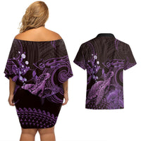 Purple Aloha Hawaii Couples Matching Off Shoulder Short Dress and Hawaiian Shirt Snorkeling With Sea Turtle Polynesian Pattern