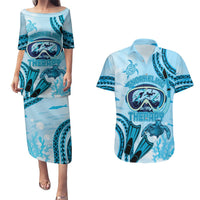 Hawaii Sea Turtle Snorkeling Is My Therapy Couples Matching Puletasi and Hawaiian Shirt LT14 Blue - Polynesian Pride