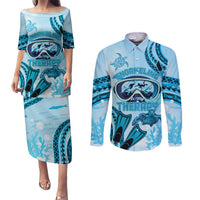 Hawaii Sea Turtle Snorkeling Is My Therapy Couples Matching Puletasi and Long Sleeve Button Shirt LT14 Blue - Polynesian Pride