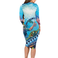 Hawaii Snorkeling Honu Turtle Long Sleeve Bodycon Dress Under The Ocean Vibes LT14 - Polynesian Pride