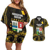 Agusan del Sur Philippines Couples Matching Off Shoulder Short Dress and Hawaiian Shirt Habagatang Agusan Lolong LT14 Black - Polynesian Pride