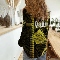 Polynesian Pride Hawaiian Islands Women Casual Shirt Oahu Map Yellow Kanaka With Kakau LT14 - Polynesian Pride