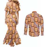 Aloha Hawaii Tiki Palaka Motifs Couples Matching Mermaid Dress and Long Sleeve Button Shirt Honohono Lei Orange Elegant Vibes LT14 - Polynesian Pride