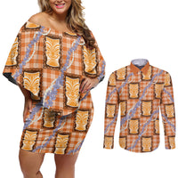 Aloha Hawaii Tiki Palaka Motifs Couples Matching Off Shoulder Short Dress and Long Sleeve Button Shirt Honohono Lei Orange Elegant Vibes LT14 Orange - Polynesian Pride