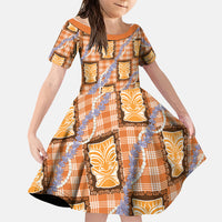 Aloha Hawaii Tiki Palaka Motifs Family Matching Summer Maxi Dress and Hawaiian Shirt Honohono Lei Orange Elegant Vibes LT14 Daughter's Dress Orange - Polynesian Pride