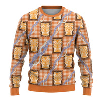 Aloha Hawaii Tiki Palaka Motifs Ugly Christmas Sweater Honohono Lei Orange Elegant Vibes