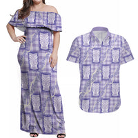 Aloha Hawaii Tiki Palaka Motifs Couples Matching Off Shoulder Maxi Dress and Hawaiian Shirt Honohono Lei Purple Elegant Vibes LT14 Purple - Polynesian Pride