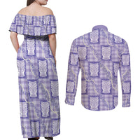 Aloha Hawaii Tiki Palaka Motifs Couples Matching Off Shoulder Maxi Dress and Long Sleeve Button Shirt Honohono Lei Purple Elegant Vibes LT14 - Polynesian Pride
