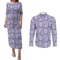 Aloha Hawaii Tiki Palaka Motifs Couples Matching Puletasi and Long Sleeve Button Shirt Honohono Lei Purple Elegant Vibes LT14 Purple - Polynesian Pride