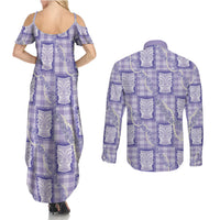 Aloha Hawaii Tiki Palaka Motifs Couples Matching Summer Maxi Dress and Long Sleeve Button Shirt Honohono Lei Purple Elegant Vibes LT14 - Polynesian Pride