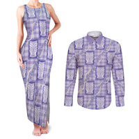 Aloha Hawaii Tiki Palaka Motifs Couples Matching Tank Maxi Dress and Long Sleeve Button Shirt Honohono Lei Purple Elegant Vibes LT14 Purple - Polynesian Pride