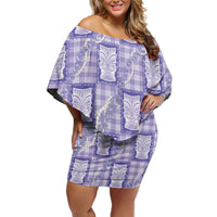 Aloha Hawaii Tiki Palaka Motifs Off Shoulder Short Dress Honohono Lei Purple Elegant Vibes LT14 Women Purple - Polynesian Pride