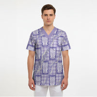 Aloha Hawaii Tiki Palaka Motifs Scrub Top Honohono Lei Purple Elegant Vibes