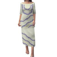 Hawaii Honohono Palaka Motifs Family Matching Puletasi and Hawaiian Shirt Hawaiian Orchid Lei LT14 Mom's Dress Cream - Polynesian Pride