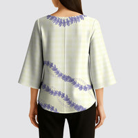 Hawaii Honohono Palaka Motifs Kimono Sleeve Blouse Hawaiian Orchid Lei