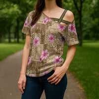 Beige Hawaii Hibiscus With Tropical Flowers Motifs Cross Shoulder Shirt LT14 - Polynesian Pride
