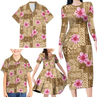 Beige Hawaii Hibiscus With Tropical Flowers Motifs Family Matching Long Sleeve Bodycon Dress and Hawaiian Shirt LT14 - Polynesian Pride