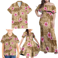 Beige Hawaii Hibiscus With Tropical Flowers Motifs Family Matching Off Shoulder Maxi Dress and Hawaiian Shirt LT14 - Polynesian Pride
