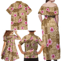 Beige Hawaii Hibiscus With Tropical Flowers Motifs Family Matching Off Shoulder Maxi Dress and Hawaiian Shirt LT14 - Polynesian Pride
