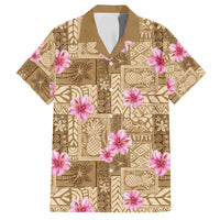 Beige Hawaii Hibiscus With Tropical Flowers Motifs Family Matching Off Shoulder Short Dress and Hawaiian Shirt LT14 Dad's Shirt - Short Sleeve Beige - Polynesian Pride
