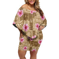 Beige Hawaii Hibiscus With Tropical Flowers Motifs Family Matching Off Shoulder Short Dress and Hawaiian Shirt LT14 Mom's Dress Beige - Polynesian Pride