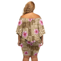 Beige Hawaii Hibiscus With Tropical Flowers Motifs Family Matching Off Shoulder Short Dress and Hawaiian Shirt LT14 - Polynesian Pride