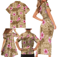 Beige Hawaii Hibiscus With Tropical Flowers Motifs Family Matching Short Sleeve Bodycon Dress and Hawaiian Shirt LT14 - Polynesian Pride