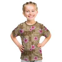 Beige Hawaii Hibiscus With Tropical Flowers Motifs Kid T Shirt LT14 Beige - Polynesian Pride