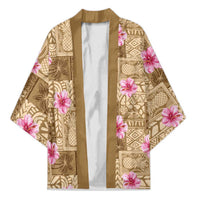 Beige Hawaii Hibiscus With Tropical Flowers Motifs Kimono LT14 Unisex Beige - Polynesian Pride