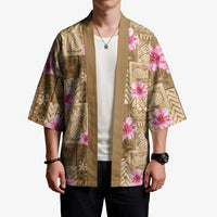 Beige Hawaii Hibiscus With Tropical Flowers Motifs Kimono LT14 - Polynesian Pride