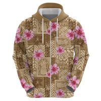 Beige Hawaii Hibiscus With Tropical Flowers Motifs Zip Hoodie LT14 - Polynesian Pride