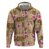 Beige Hawaii Hibiscus With Tropical Flowers Motifs Zip Hoodie LT14 Pullover Hoodie Beige - Polynesian Pride