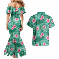 Cyan Hawaii Hibiscus With Tropical Flowers Motifs Couples Matching Mermaid Dress and Hawaiian Shirt LT14 - Polynesian Pride