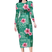 Cyan Hawaii Hibiscus With Tropical Flowers Motifs Family Matching Long Sleeve Bodycon Dress and Hawaiian Shirt LT14 Mom's Dress Cyan - Polynesian Pride