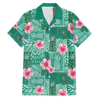 Cyan Hawaii Hibiscus With Tropical Flowers Motifs Family Matching Mermaid Dress and Hawaiian Shirt LT14 Dad's Shirt - Short Sleeve Cyan - Polynesian Pride