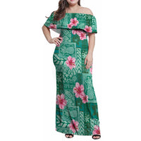 Cyan Hawaii Hibiscus With Tropical Flowers Motifs Family Matching Off Shoulder Maxi Dress and Hawaiian Shirt LT14 Mom's Dress Cyan - Polynesian Pride