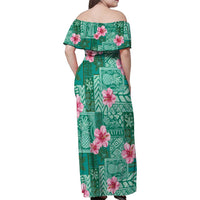 Cyan Hawaii Hibiscus With Tropical Flowers Motifs Family Matching Off Shoulder Maxi Dress and Hawaiian Shirt LT14 - Polynesian Pride
